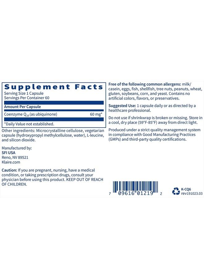 Klaire Labs Coenzyme Q10-60 Milligrams CoQ10 as Ubiquinone, Hypoallergenic Formula for Cardiovascular & Cellular Energy Support (60 Vegetarian Capsules) - Image 5