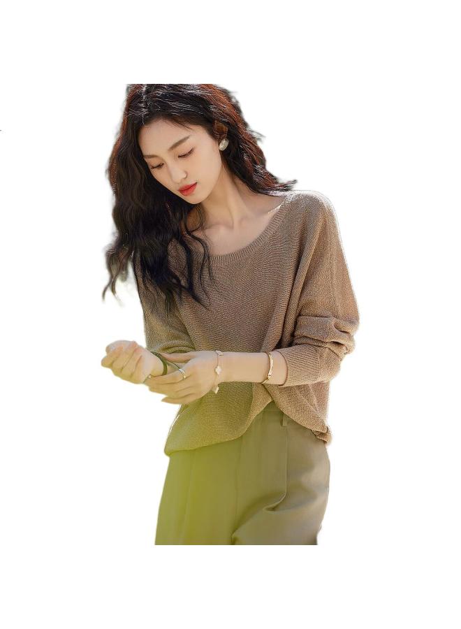dme Demana [Jin Si Mian Sha] Spring And Autumn Light Mature Retro Style Ribbed Round Neck Sweater, Batwing Sleeve, Concealing Knit Sweater, Women'S Top - Image 1