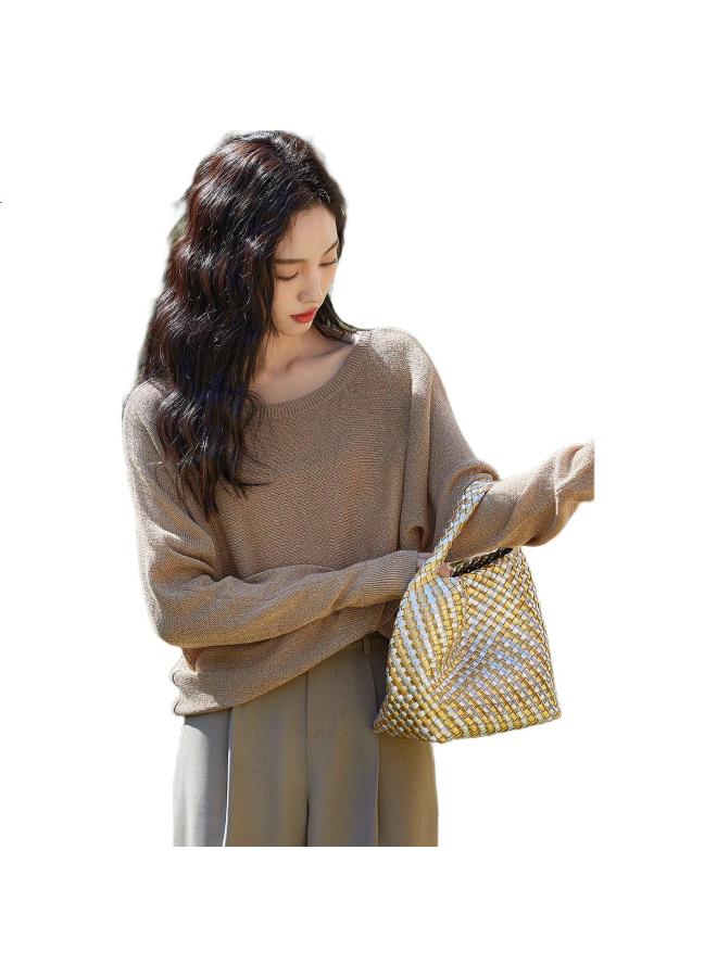 dme Demana [Jin Si Mian Sha] Spring And Autumn Light Mature Retro Style Ribbed Round Neck Sweater, Batwing Sleeve, Concealing Knit Sweater, Women'S Top - Image 3
