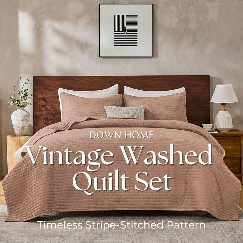 DOWN HOME Queen Quilt Bedding Set with Shams, Vintage Washed Soft Quilted Blanket Thin Comforter Lightweight Bedspread Coverlet Bed Cover, Brushed Microfiber Stripe Stitching, Desert Blush, 86"x90" - Image 2