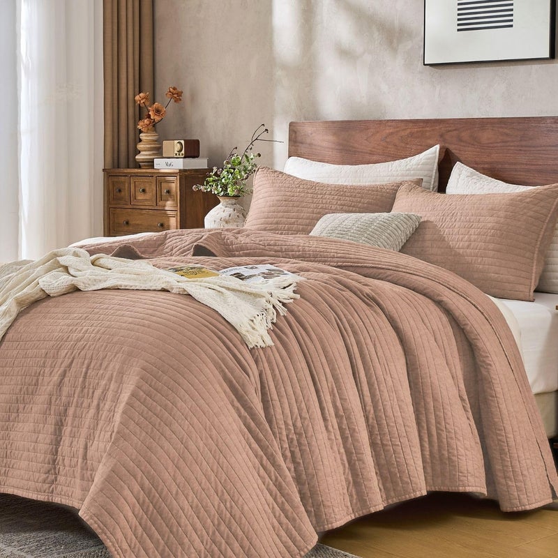 DOWN HOME Queen Quilt Bedding Set with Shams, Vintage Washed Soft Quilted Blanket Thin Comforter Lightweight Bedspread Coverlet Bed Cover, Brushed Microfiber Stripe Stitching, Desert Blush, 86"x90" - Image 1