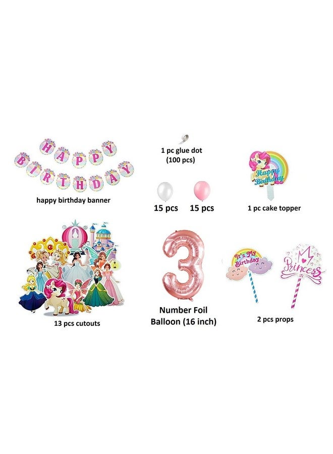 FI - FLICK IN 49 pcs 3rd Birthday Decoration for Girls Car Castle Cutouts Metallic Balloons Princess Third Birthday Decorations Girl Number 3 Foil Balloon (Pack of 49, Pink) - Image 2