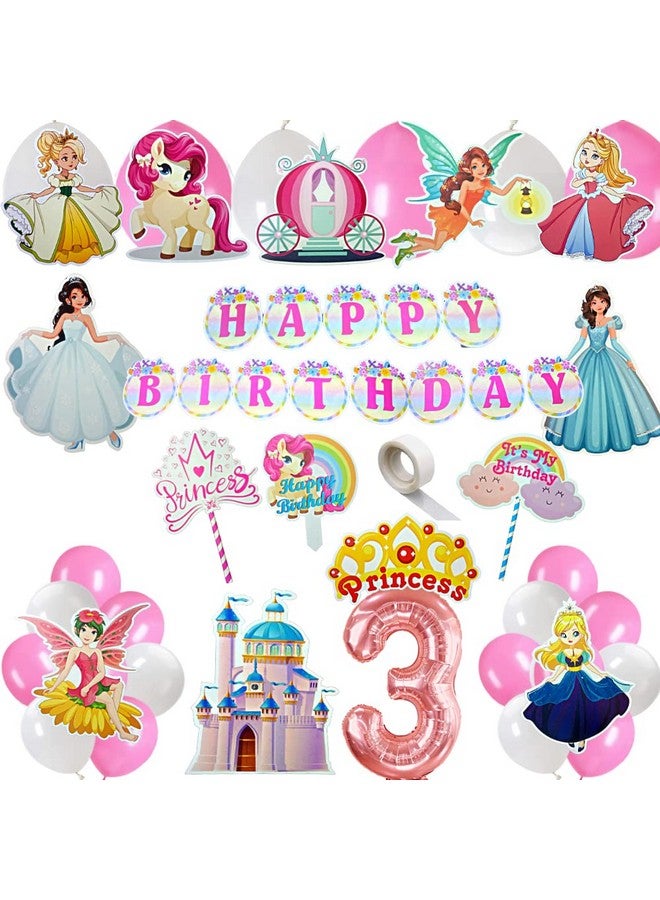 FI - FLICK IN 49 pcs 3rd Birthday Decoration for Girls Car Castle Cutouts Metallic Balloons Princess Third Birthday Decorations Girl Number 3 Foil Balloon (Pack of 49, Pink) - Image 1