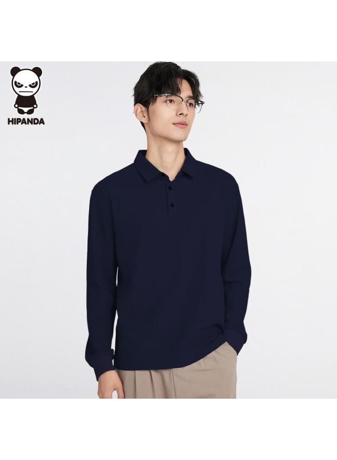Hipanda Men's Long Sleeve Polo Shirt Pique Cotton Autumn Trendy Brand Simple Basic Casual Top Navy Blue 4XL - Image 1
