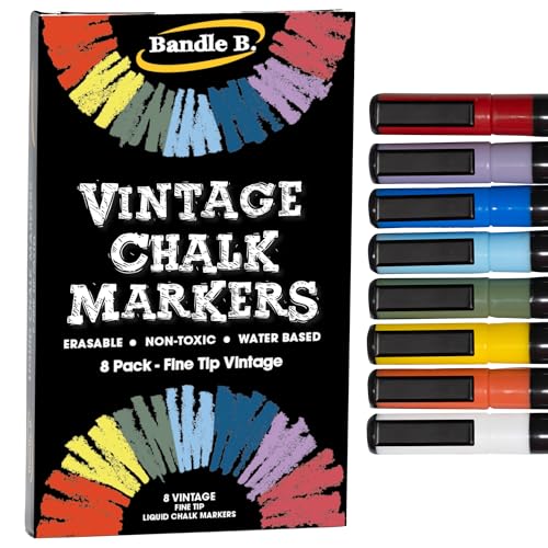 Bandle B. Chalk Markers - 8 Vintage Fine Tip, Erasable, Non-Toxic, Water-Based, Reversible Tips, For Kids and Grown-Ups for Glass or Chalkboard Markers for Businesses, Restaurants (Vintage/Pastel 1mm) - Image 1