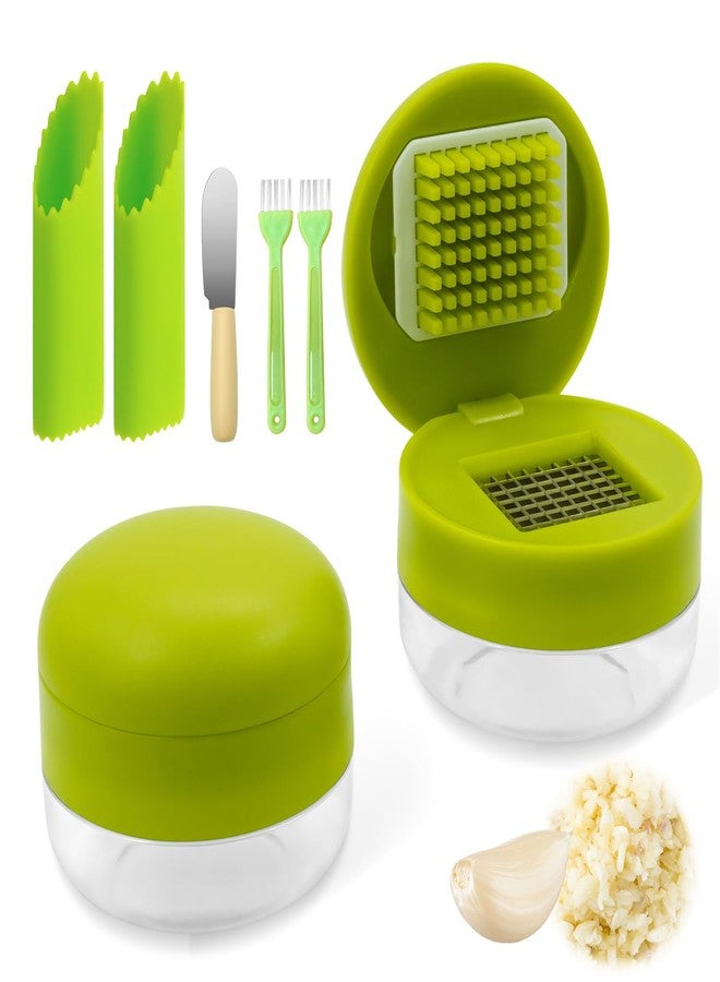 EQUNROY 2 Pcs Garlic Press Stainless Steel,Mini Garlic Chopper,with Peeler，Cleaning Brush and Scrapers - Image 1