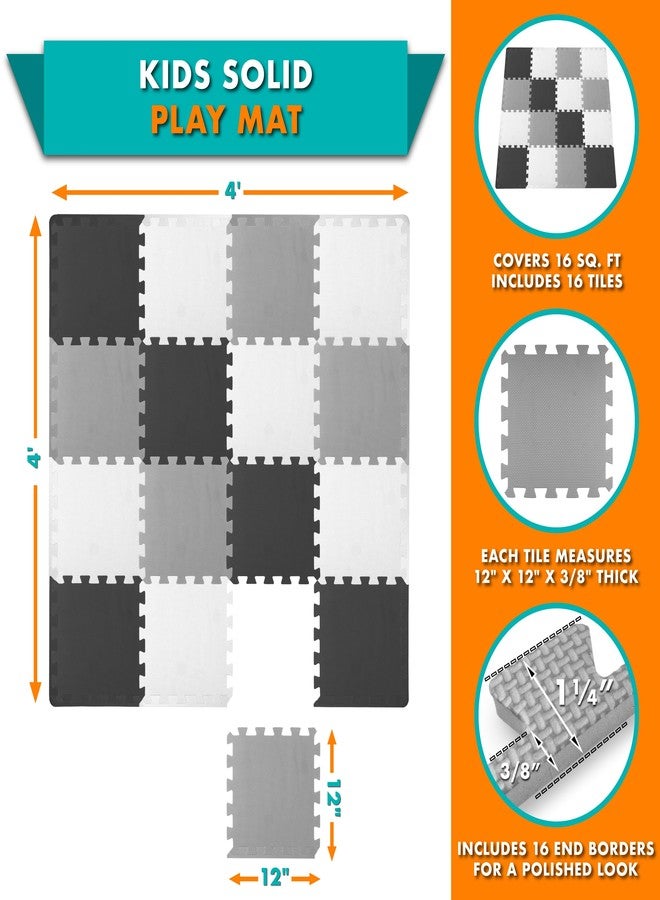 ProSource Foam Puzzle Floor Play Mat for Kids and Babies with Solid Colors, Interlocking Tiles with Borders, Black/Grey/White - 16 Tiles - Image 2