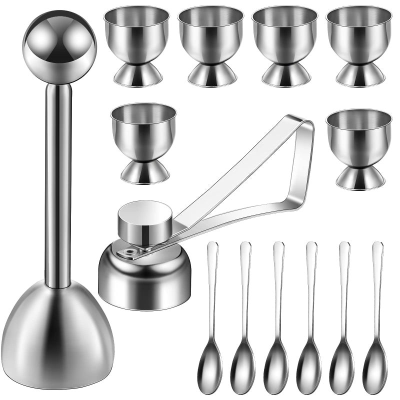 Patelai 14 Pieces Egg Cup Set Egg Topper Boiled Egg Holder Stainless Steel Egg Opener Egg Spoon for Kitchen Tool