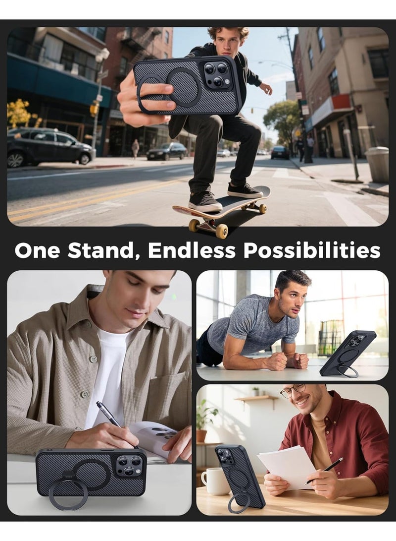 iPhone 15 Pro max Case with 180° Magnetic Stand, Carbon Fiber Phone Case [Compatible with Magsafe] [16FT Military Protection] with Stand Ring - Image 3