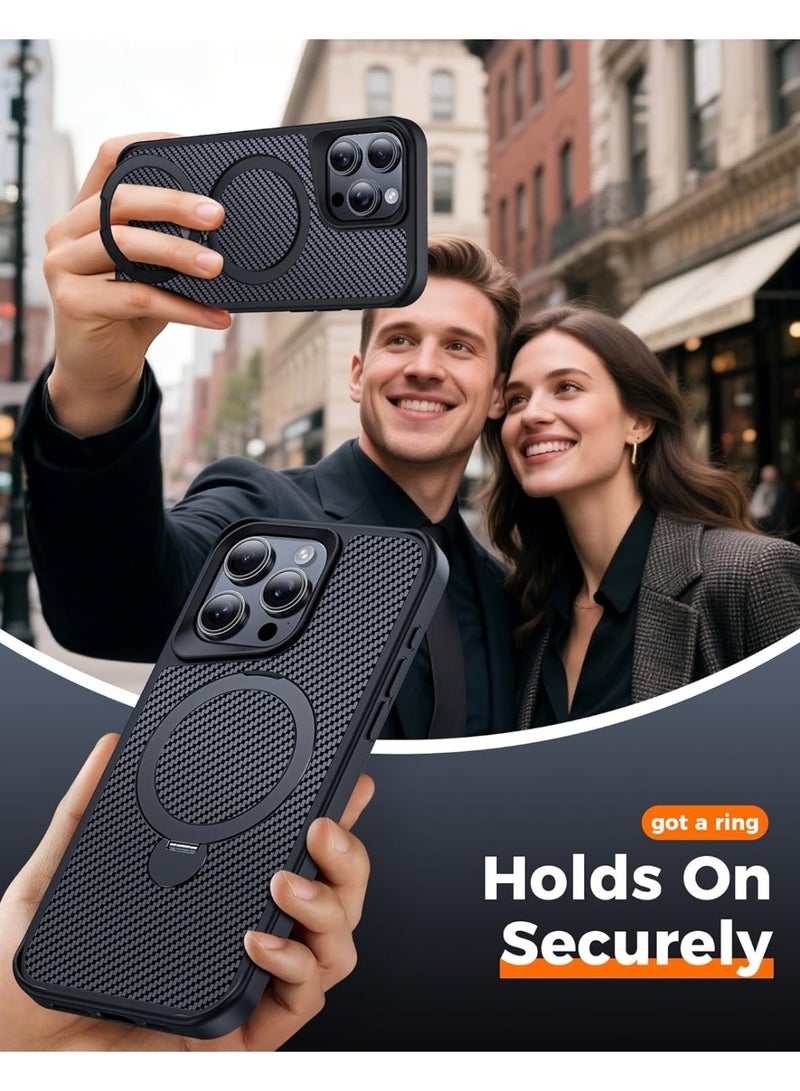 iPhone 15 Pro max Case with 180° Magnetic Stand, Carbon Fiber Phone Case [Compatible with Magsafe] [16FT Military Protection] with Stand Ring - Image 2