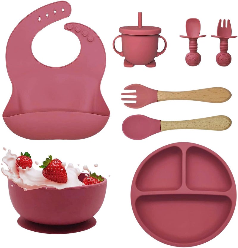 Xacton Silicone Suction Plates Solid for Baby&Toddler|Large Crumb Pouch|Suction Bowl,Cup,Fork,and Spoon Cutlery Set|Easy Wipe Clean|Baby Feeding Sets for Babies and Toddlers (Maroon) - Image 1