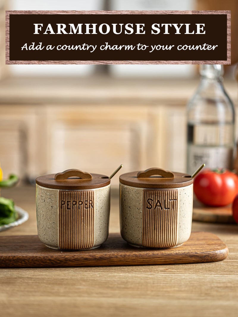 YHOJOY Ceramic Salt and Pepper Bowl, Salt Cellar with Lid and Spoons Salt Containers for Countertop Pepper Holder Box, Beige - Image 3