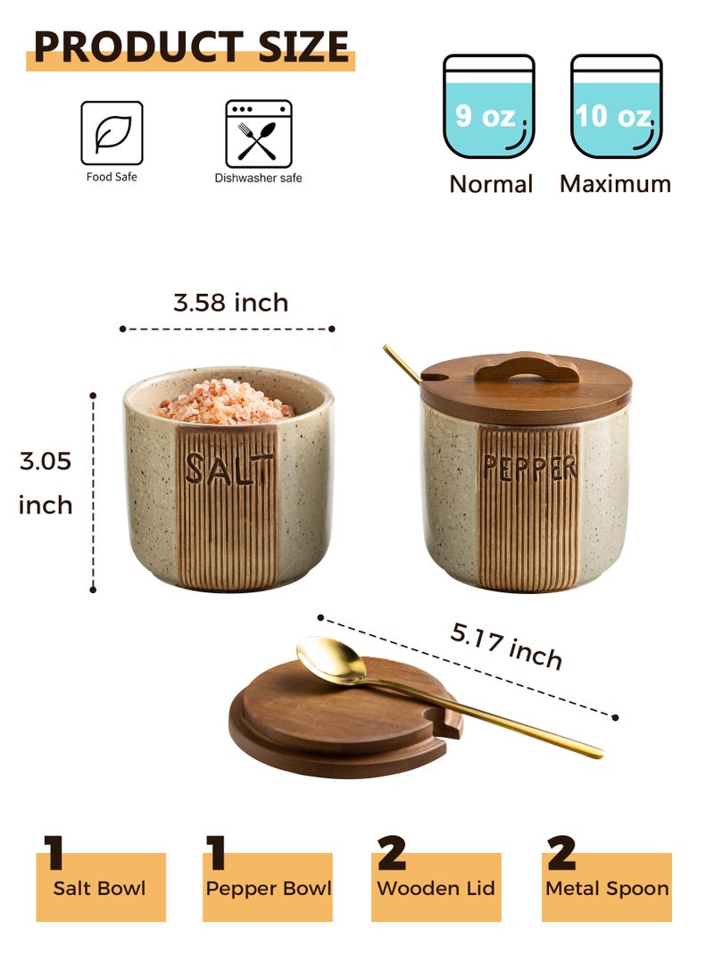 YHOJOY Ceramic Salt and Pepper Bowl, Salt Cellar with Lid and Spoons Salt Containers for Countertop Pepper Holder Box, Beige - Image 2