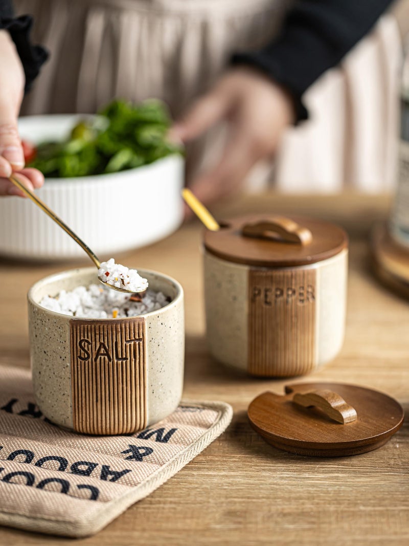 YHOJOY Ceramic Salt and Pepper Bowl, Salt Cellar with Lid and Spoons Salt Containers for Countertop Pepper Holder Box, Beige - Image 5