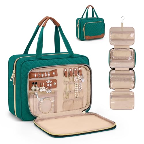 Wedama Toiletry Bag for Women Hanging Travel Toiletry Bag with Jewelry Organizer Compartment Large Makeup Bag PVC Waterproof Cosmetic Travel Bag Trips Camping Bathroom GreenBrown - Image 1