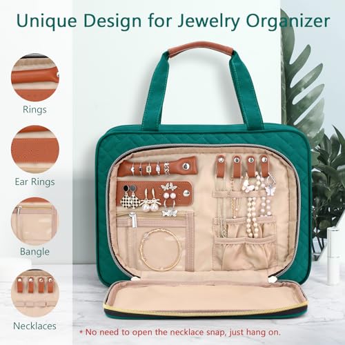 Wedama Toiletry Bag for Women Hanging Travel Toiletry Bag with Jewelry Organizer Compartment Large Makeup Bag PVC Waterproof Cosmetic Travel Bag Trips Camping Bathroom GreenBrown - Image 3