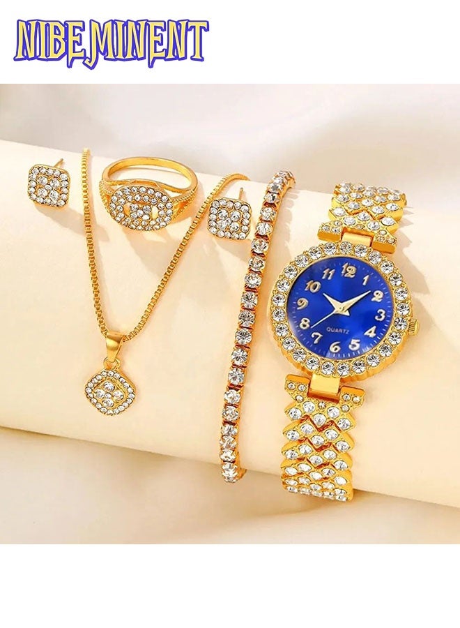 NIBEMINENT 6-Piece Elegant Women's Quartz Wrist Watch Set with Simple Round Alloy Case, Rhinestone Accents, Pointer Display, Electronic Quartz Movement - Includes Matching Fashion Accessories - Image 1