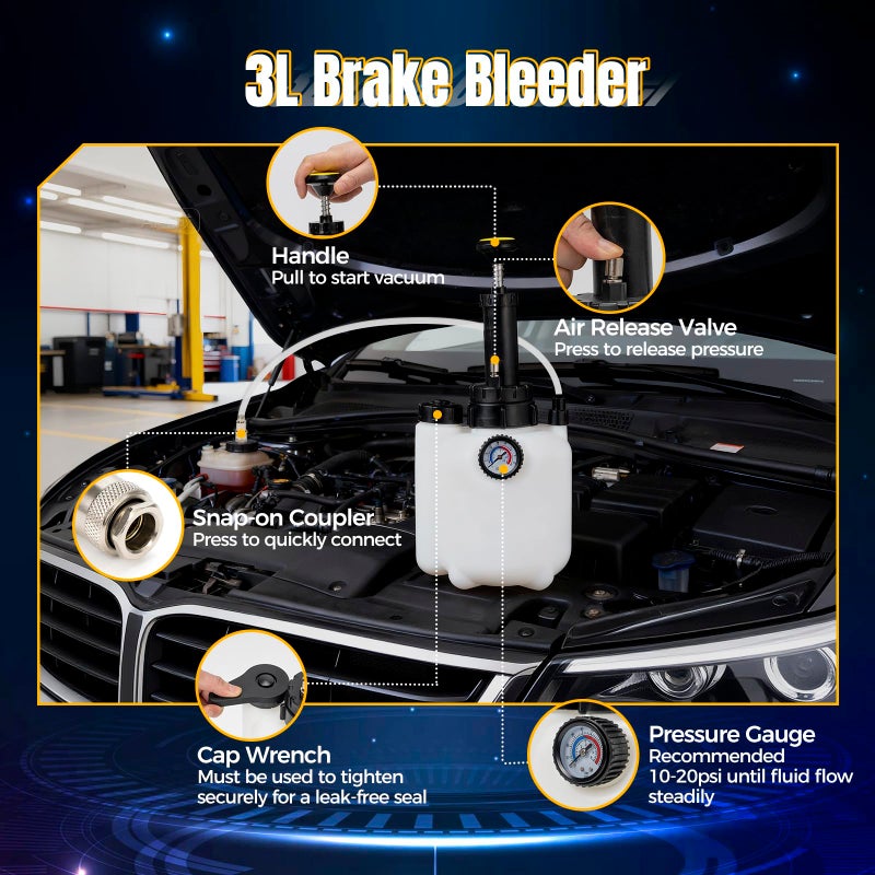 Tzuoen 3L Brake Bleeder Kit, Manual Brake Fluid Bleeder Kit with 1L Waste Bottle and 43.5/45/49.5/50.7mm 4 Master Cylinders Adapters and Fluid Dropper, Suitable for Most Vehicles - Image 4