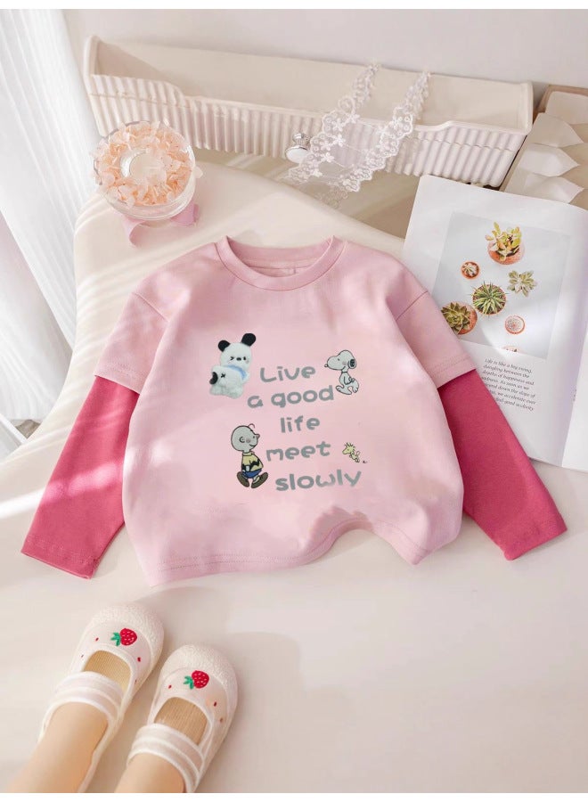 Girls' Autumn/winter Pure Cotton Long Sleeve T-shirt New Cartoon Patchwork Color Block Two-in-one Base Shirt For Older Children - Image 5
