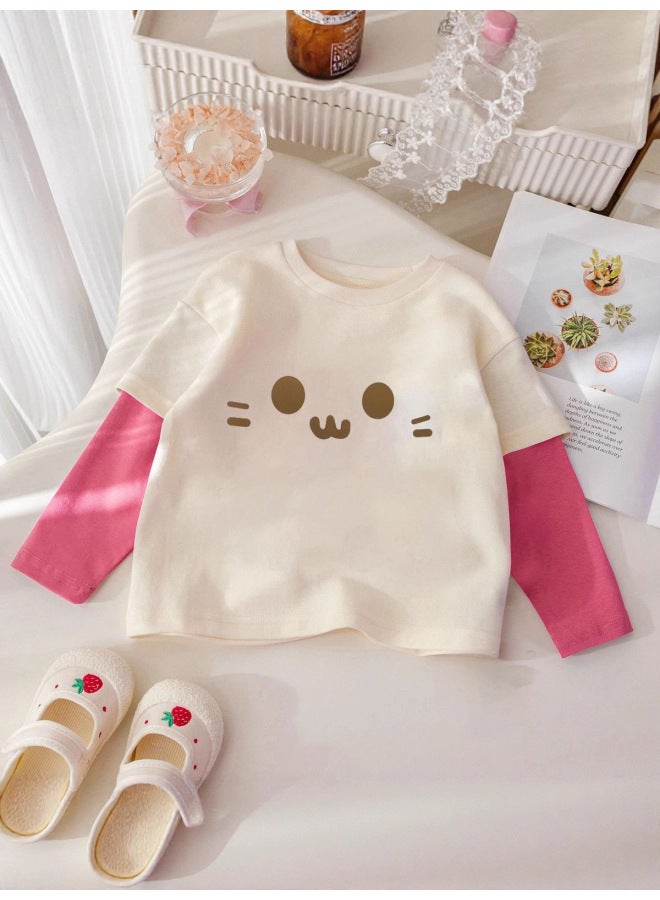 Girls' Autumn/winter Pure Cotton Long Sleeve T-shirt New Cartoon Patchwork Color Block Two-in-one Base Shirt For Older Children - Image 4