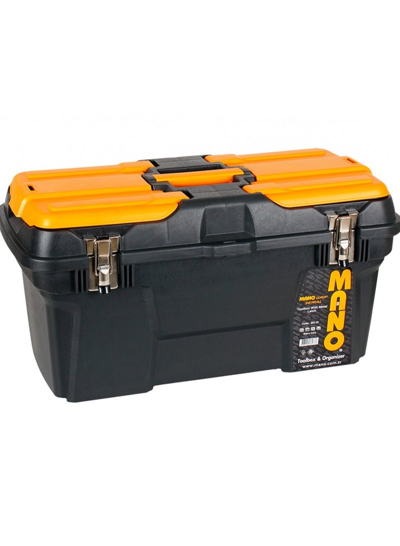 Mano MG-22 Toolbox with Metal Latch 22" – 310mm x 582mm x 234mm, Plastic Toolbox Black/Yellow - Image 1