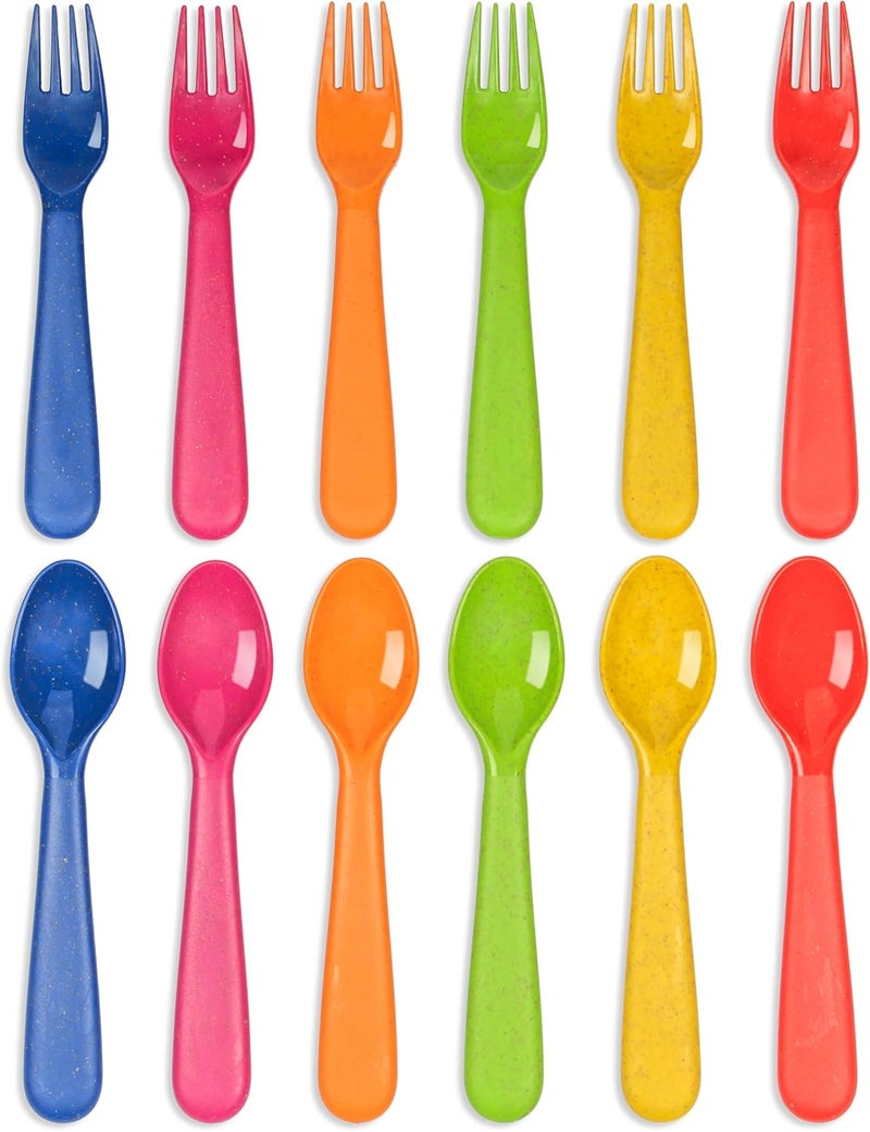 PLASKIDY Wheat Straw Toddler Utensils Set of 12  Kids Forks and Kids Spoons BPA FreeDishwasher Safe Kids Utensils Cutlery Set Brightly Colored Toddlers Silverware Set - Image 1
