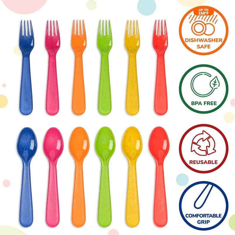 PLASKIDY Wheat Straw Toddler Utensils Set of 12  Kids Forks and Kids Spoons BPA FreeDishwasher Safe Kids Utensils Cutlery Set Brightly Colored Toddlers Silverware Set - Image 4