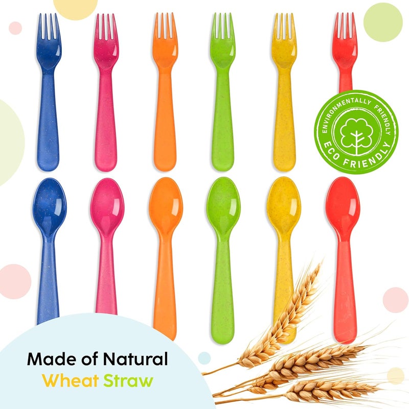 PLASKIDY Wheat Straw Toddler Utensils Set of 12  Kids Forks and Kids Spoons BPA FreeDishwasher Safe Kids Utensils Cutlery Set Brightly Colored Toddlers Silverware Set - Image 3