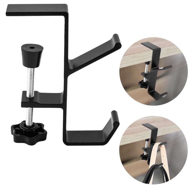 CaLeQi Desk Mount Bag Holder Hook ClampOn Backpack Hanger Portable Desk Mount Headphones Holder for Reduce Desk Clutter Table Desk Table Hanging Storage 1 PcsDouble Hook Black