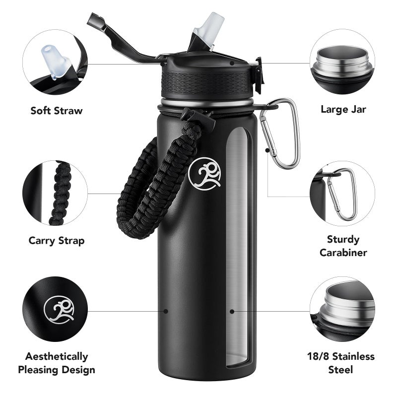 GOSWAG Insulated Sports Water Bottle, 24oz 2 Lids(with Straw/No Straw), Stainless Steel Water Bottles with Paracord Handle, Insulated Bottle with Double-Wall Vacuum Insulation - Image 3