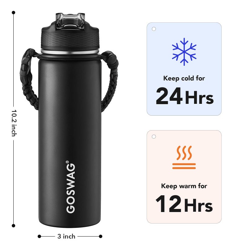 GOSWAG Insulated Sports Water Bottle, 24oz 2 Lids(with Straw/No Straw), Stainless Steel Water Bottles with Paracord Handle, Insulated Bottle with Double-Wall Vacuum Insulation - Image 2