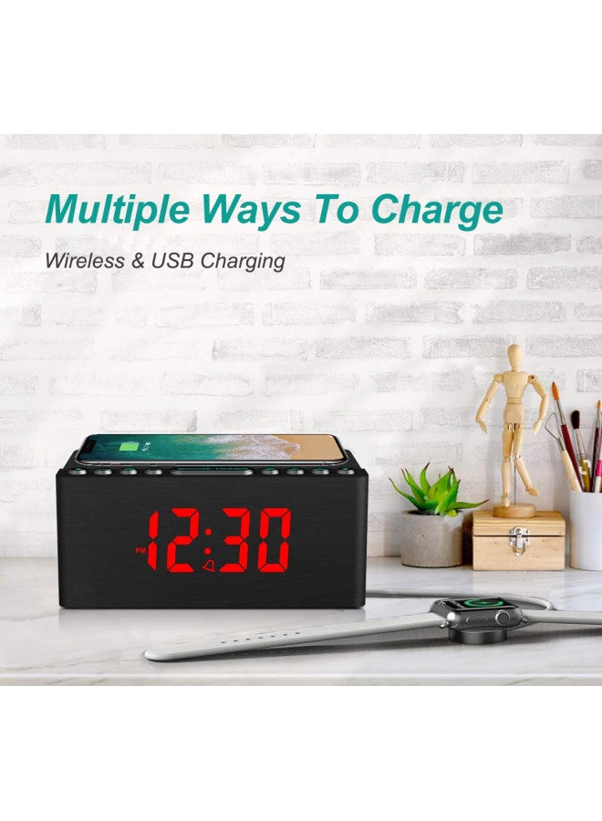 ANJANK ANJANK Wooden Digital Alarm Clock FM Radio,Fast Wireless Charger Station for iPhone/Samsung,Dimmable LED Display,USB Charging Port,Sleep Timer,Wood Modern Clock for Bedroom Bedside(Black) - Image 3