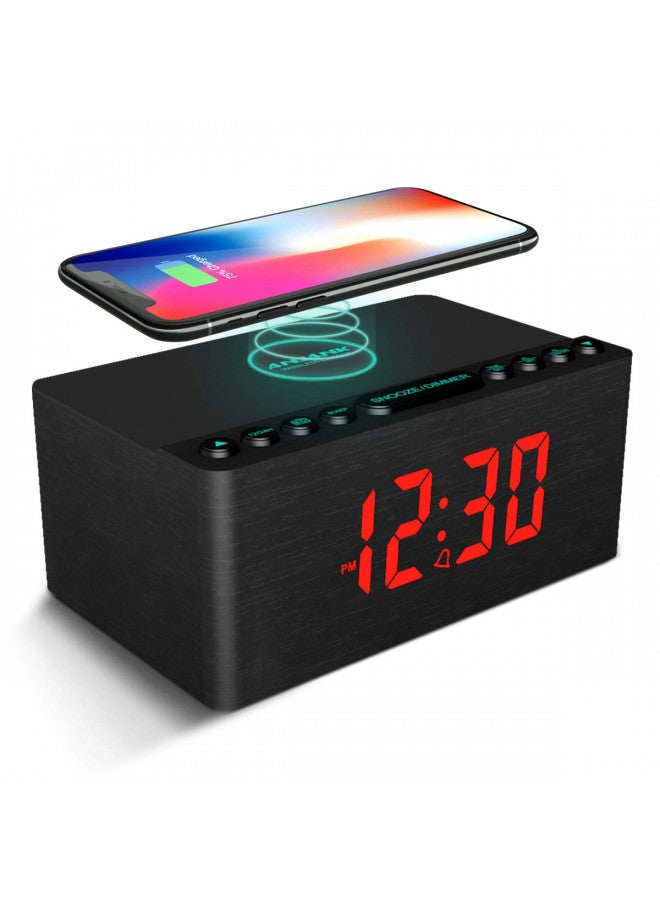 ANJANK ANJANK Wooden Digital Alarm Clock FM Radio,Fast Wireless Charger Station for iPhone/Samsung,Dimmable LED Display,USB Charging Port,Sleep Timer,Wood Modern Clock for Bedroom Bedside(Black) - Image 1