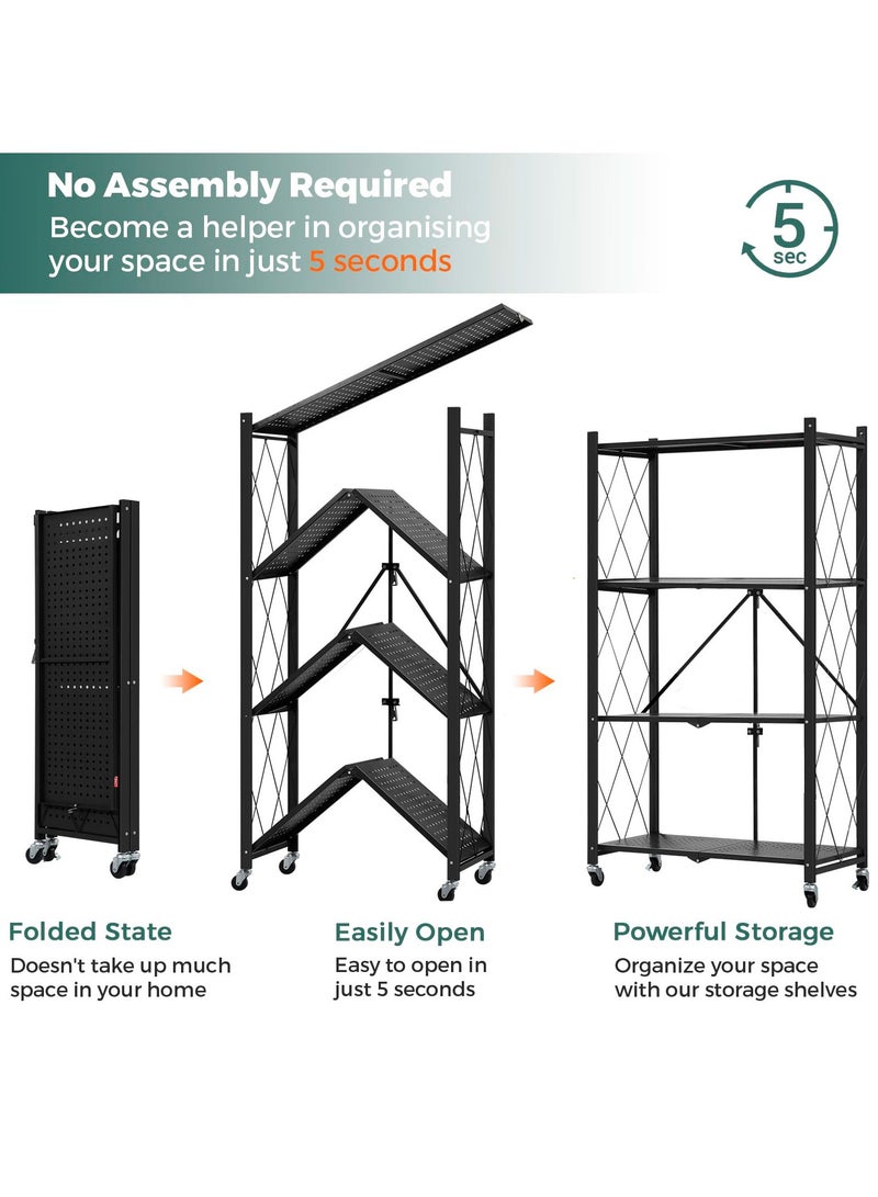ميشيدا رف تخزين مطبخ قابل للطي بأربع طبقات مع عجلات، رف مطبخ معدني متعدد الوظائف وقوائم تنظيم - Image 3