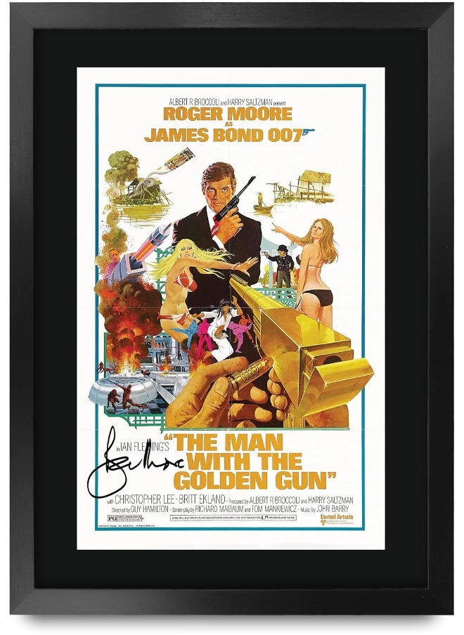 HWC Trading HWC Trading James Bond - The Man With The Golden Gun Movie Poster Roger Moore Signed 16 x 12 inch Framed Gift Printed Autograph Film Print Photo Picture Display - 16" x 12" Framed  - Image 1