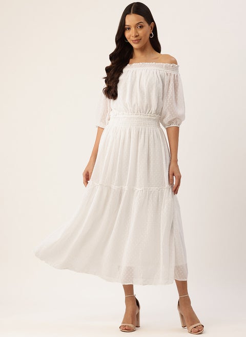 Off-Shoulder White Chiffon Midi Dress for Women