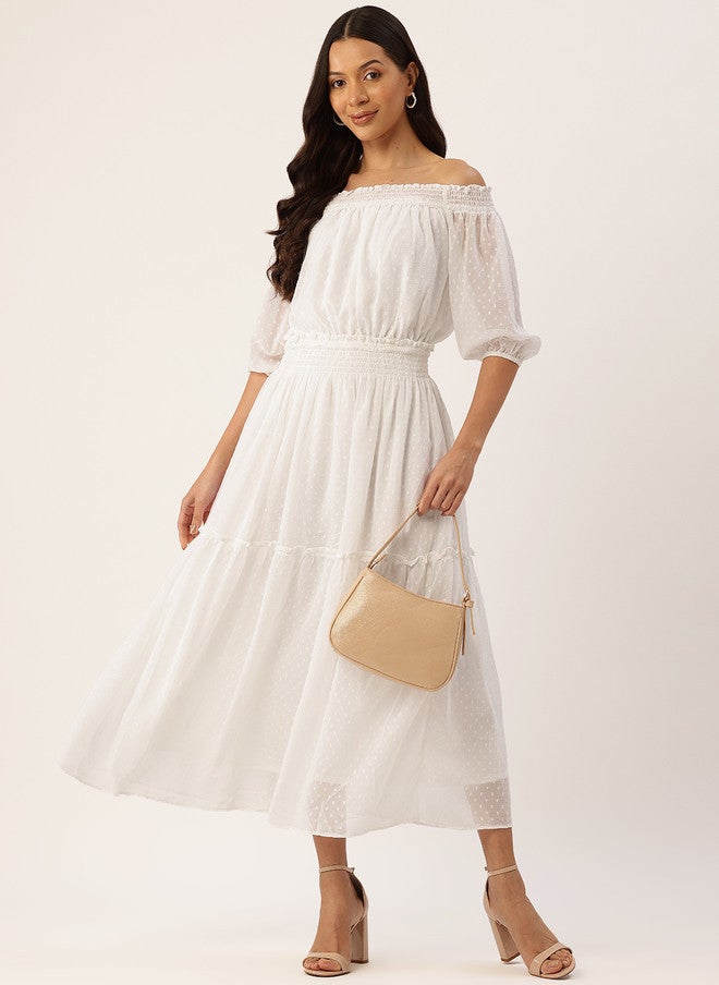 Rue Collection فستان ميدي شيفون أبيض بدون أكتاف للنساء - Image 5