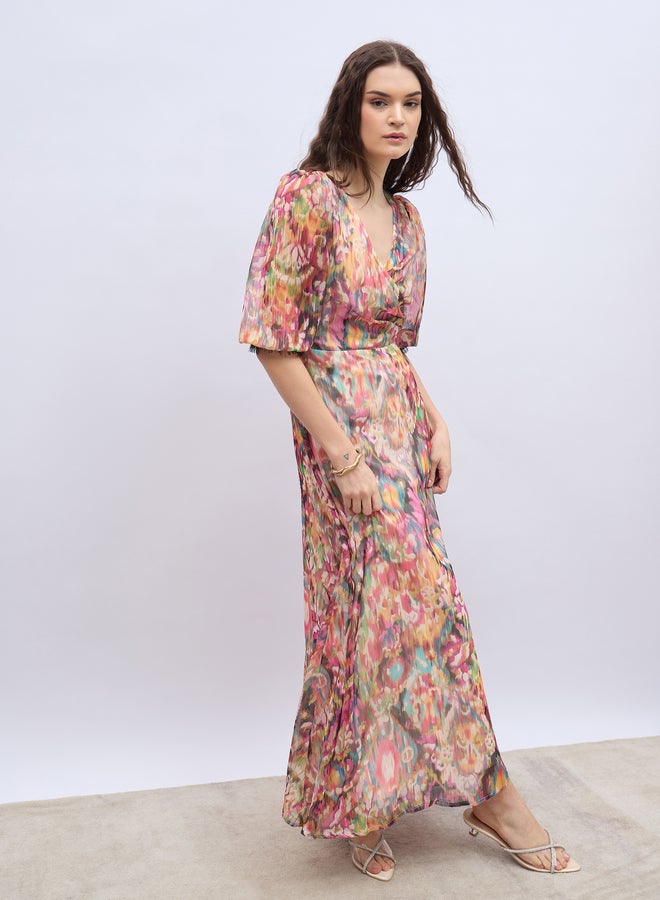 Styli Printed V-Neck Wrap A-Line Maxi Dress - Image 1