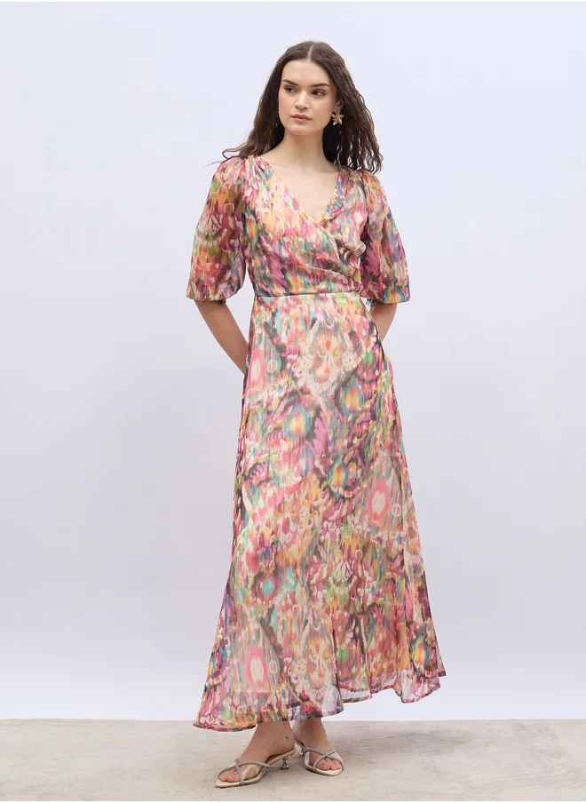 Styli Styli Printed V-Neck Wrap A-Line Maxi Dress