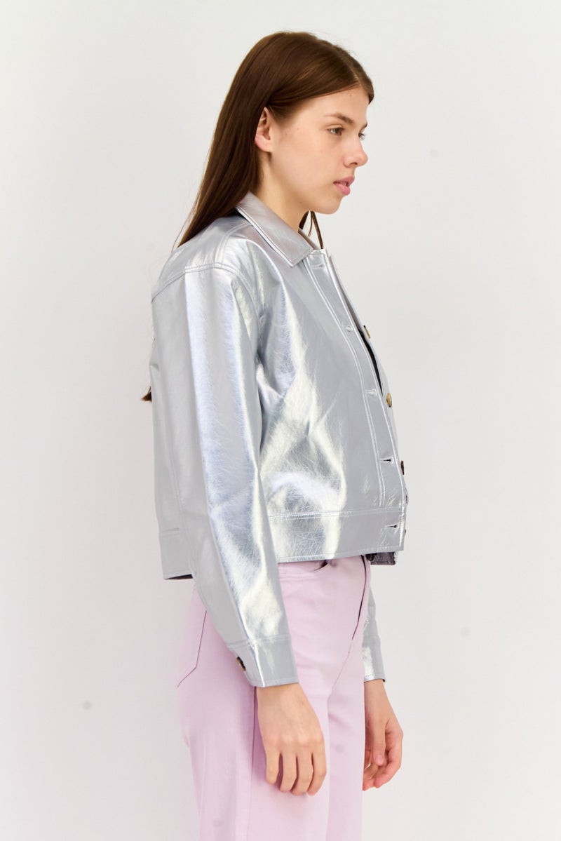 NIA Women Metallic Leather Motor Jacket, Silver - Image 3