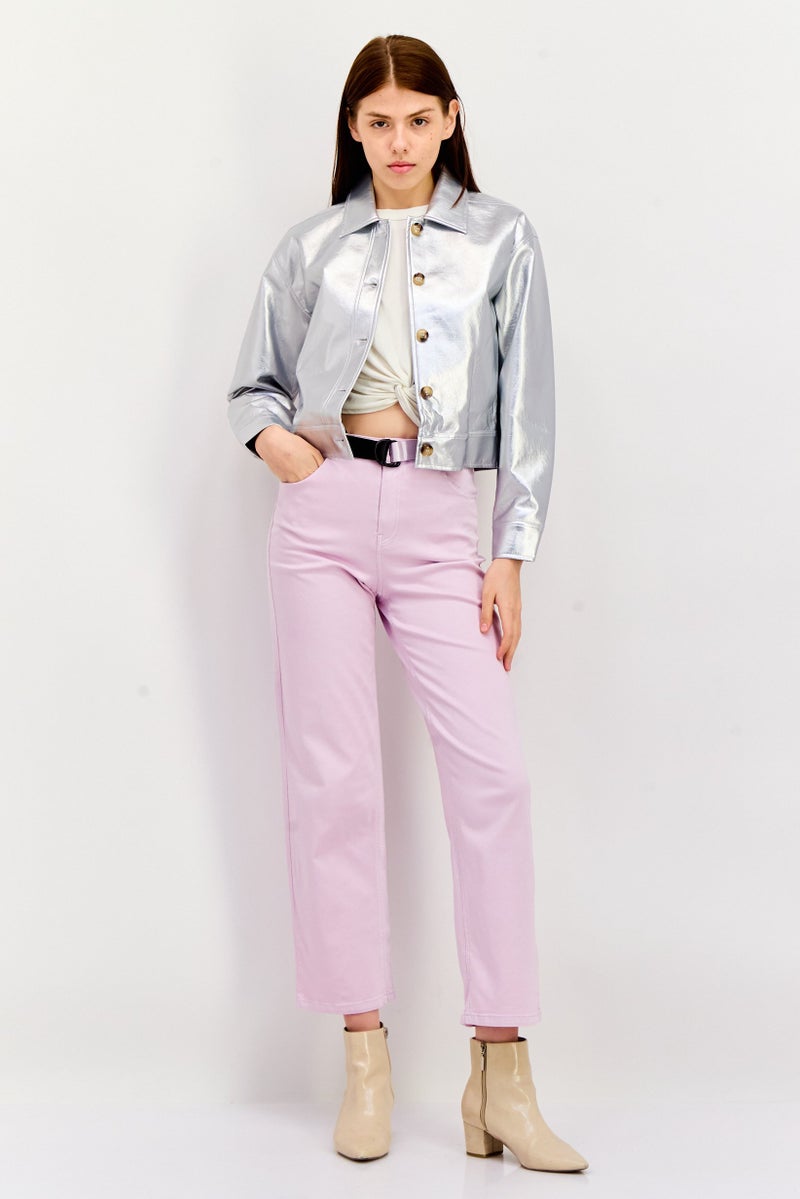 NIA Women Metallic Leather Motor Jacket, Silver - Image 4