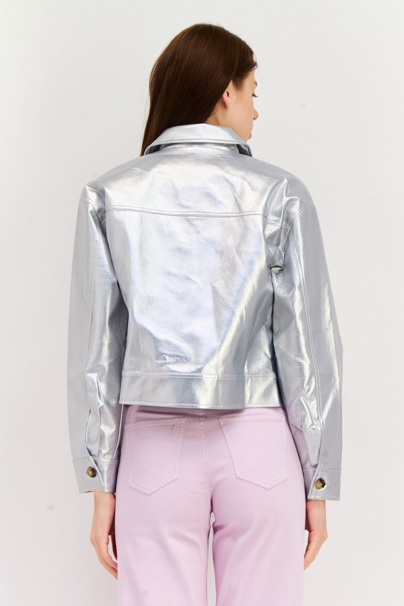 NIA Women Metallic Leather Motor Jacket, Silver - Image 2