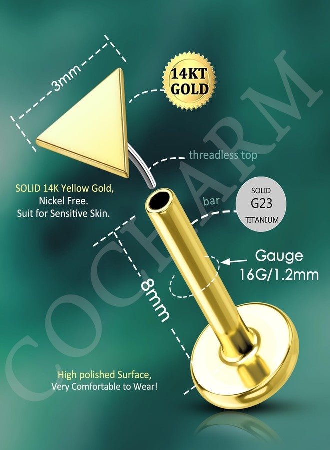 COCHARM 14K Real Gold Helix Cartilage Piercing Jewelry-Titanium Post-Threadless Tragus Conch Cartilage Earring Stud Solid Gold Flat Back 16g Labret Stud 6mm, 8mm Push Pin Triangle Medusa Jewelry - Image 3