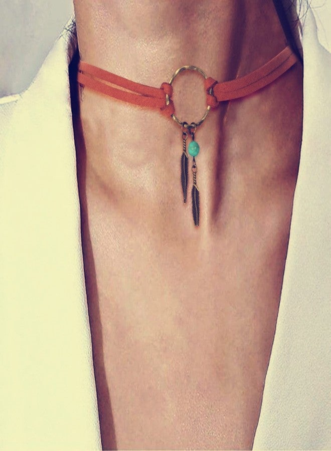 JinYu 3 Pcs Bohemian Leather Choker Necklace Earrings Jewelry Set for Women Handmade Dream Catcher Peacock Feather Tassel Earrings Indian Gypsy Headband Headdress Boho Gifts - Image 2