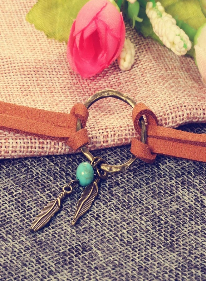 JinYu 3 Pcs Bohemian Leather Choker Necklace Earrings Jewelry Set for Women Handmade Dream Catcher Peacock Feather Tassel Earrings Indian Gypsy Headband Headdress Boho Gifts - Image 5