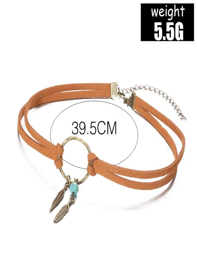 JinYu 3 Pcs Bohemian Leather Choker Necklace Earrings Jewelry Set for Women Handmade Dream Catcher Peacock Feather Tassel Earrings Indian Gypsy Headband Headdress Boho Gifts - Image 4