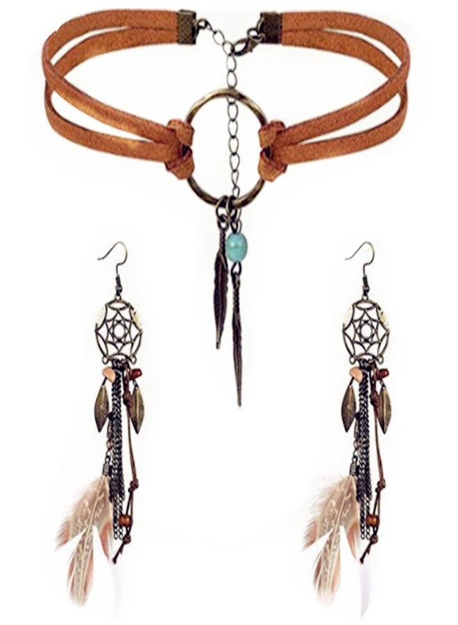 JinYu 3 Pcs Bohemian Leather Choker Necklace Earrings Jewelry Set for Women Handmade Dream Catcher Peacock Feather Tassel Earrings Indian Gypsy Headband Headdress Boho Gifts - Image 1