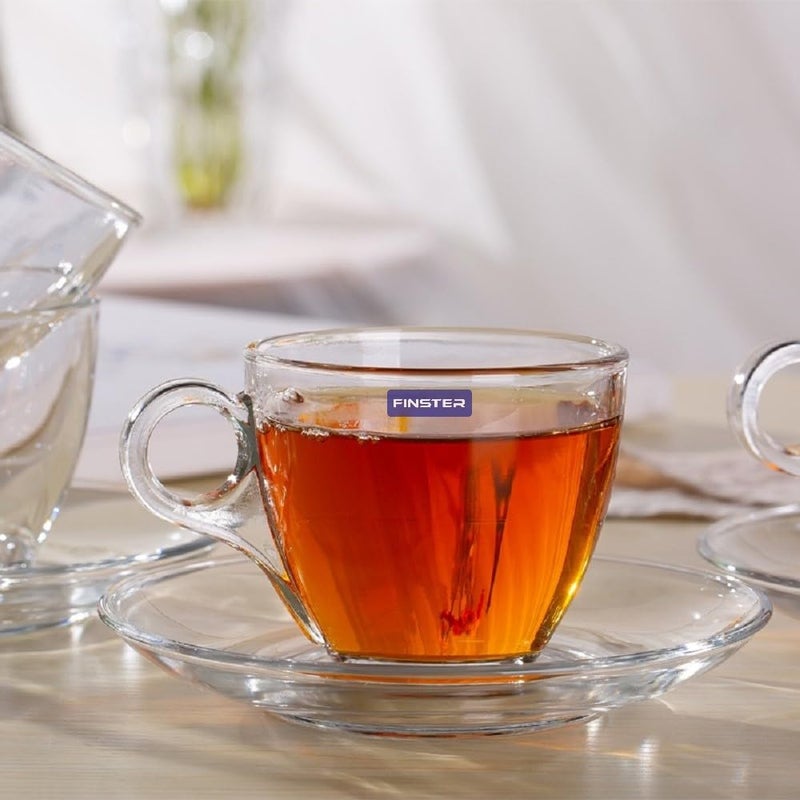 FINSTER Premium Glass Tea Cups and Saucer Set of 6 6 Cups and 6 Saucers 190 ML Transparent Stylish Handle Coffee Cups and Saucer Set for Green Herbal Lemon Tea Ideal for Guest - Image 1
