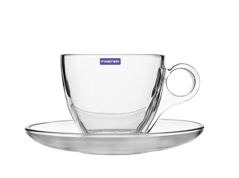 FINSTER Premium Glass Tea Cups and Saucer Set of 6 6 Cups and 6 Saucers 190 ML Transparent Stylish Handle Coffee Cups and Saucer Set for Green Herbal Lemon Tea Ideal for Guest - Image 4