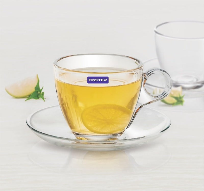 FINSTER Premium Glass Tea Cups and Saucer Set of 6 6 Cups and 6 Saucers 190 ML Transparent Stylish Handle Coffee Cups and Saucer Set for Green Herbal Lemon Tea Ideal for Guest - Image 2